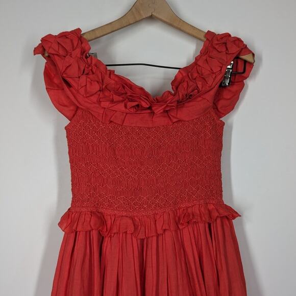 SEA New York Frida Off The Shoulder Smocked Midi Dress Coral Poppy XXS - Picture 7 of 14